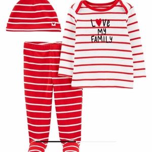 3 piece red & white striped leggings & long sleeve top with cap. NWT heart love
